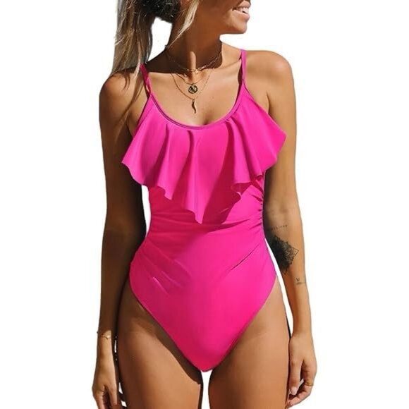 Women One Piece Swimsuit Scalloped Backless small hot pink bathing suit - Picture 1 of 6